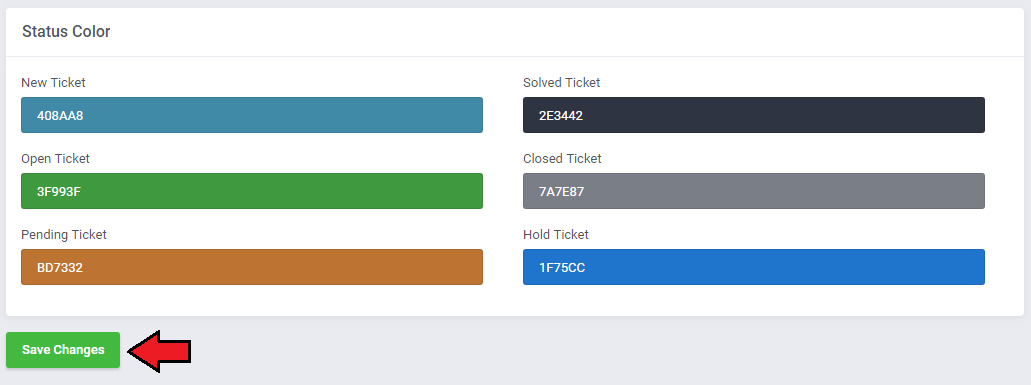Zendesk For WHMCS: Ticket Settings Status Color section with color codes for each ticket status and Save Changes