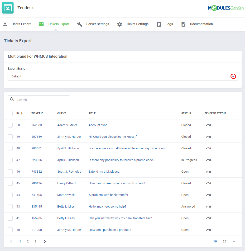 Zendesk For WHMCS: Tickets Export tab with the Multibrand For WHMCS Integration Export Brand dropdown above the ticket