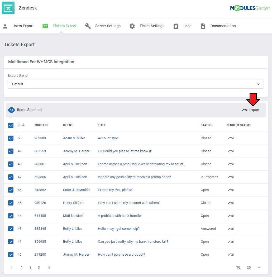 Zendesk For WHMCS: Tickets Export list with all tickets selected and the Export button marked with an arrow
