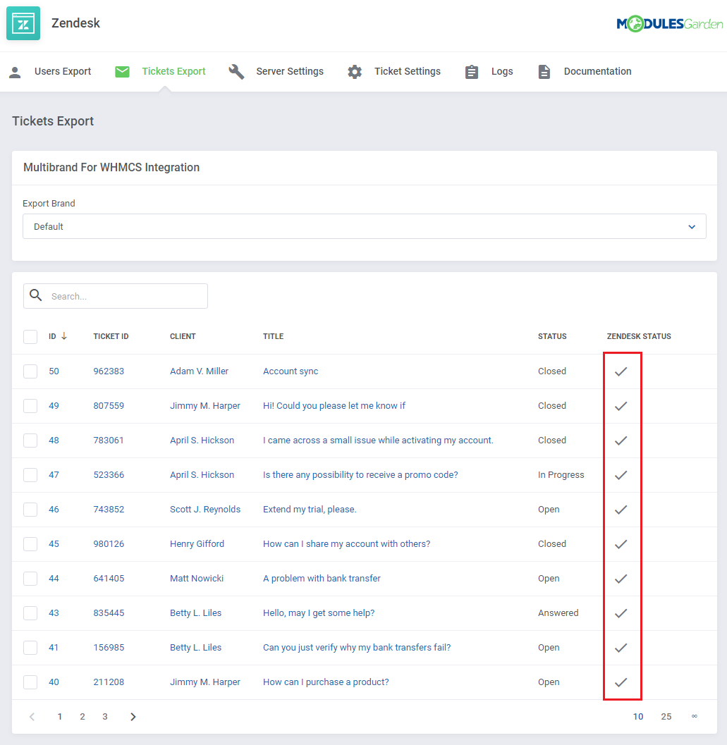 Zendesk For WHMCS: Tickets Export list with check marks in the Zendesk Status column for exported tickets