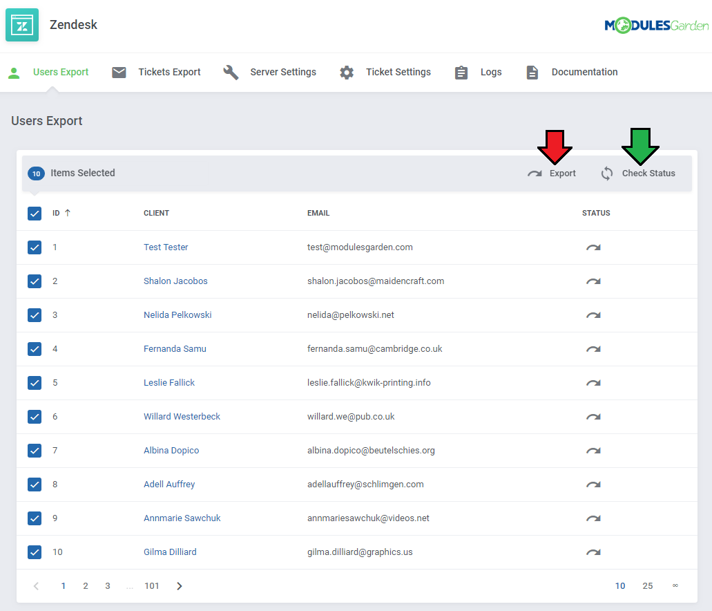 Zendesk For WHMCS: Users Export list with all clients selected, the Export button and Check Status button marked by