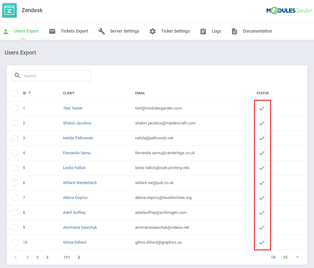 Zendesk For WHMCS: Users Export list where exported clients show a check mark in the Status column