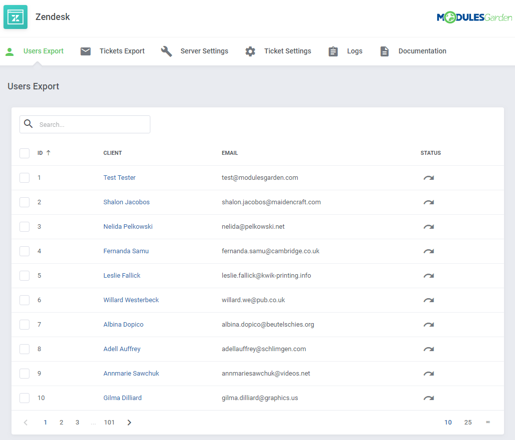Zendesk For WHMCS: Users Export tab in the module with a list of WHMCS clients not yet synchronized with Zendesk