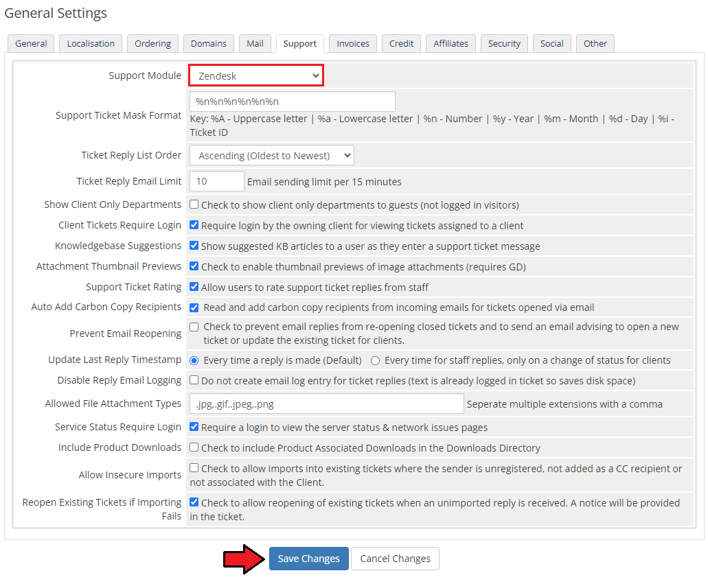 Zendesk For WHMCS: WHMCS General Settings Support tab with Zendesk chosen as the Support Module and Save Changes
