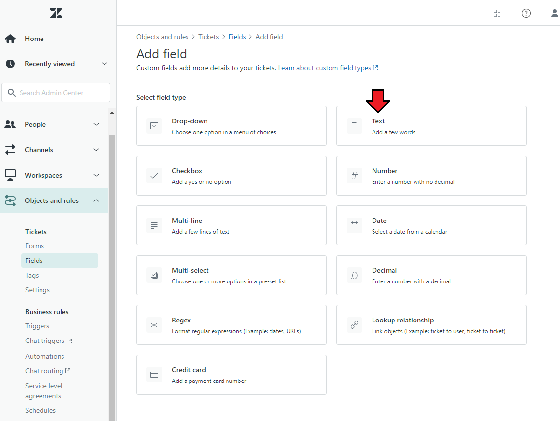 Zendesk For WHMCS: Zendesk Add field page with the Text field type highlighted among the field types