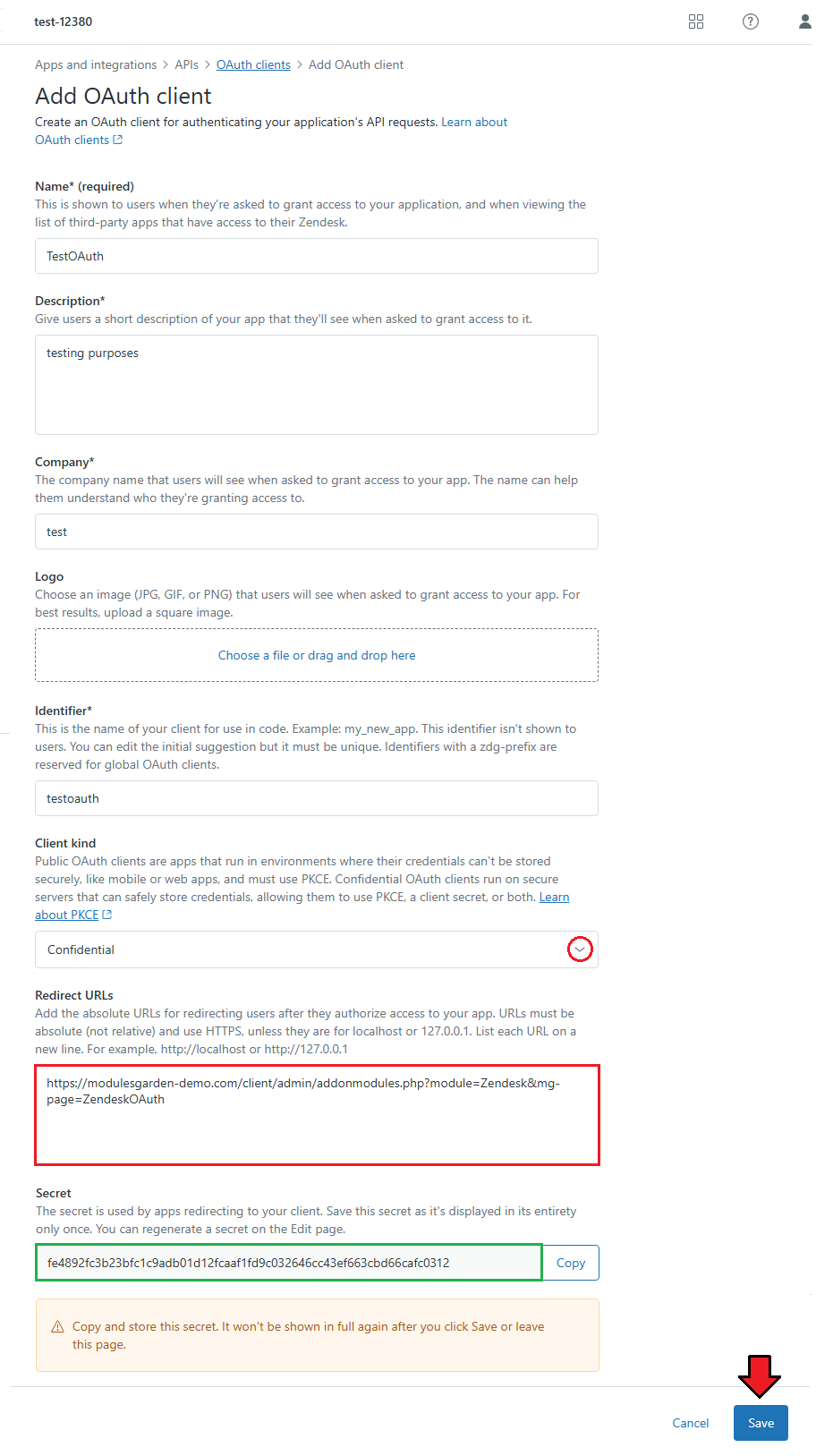 Zendesk For WHMCS: Zendesk Add OAuth client form with redirect URL, generated secret and Save button