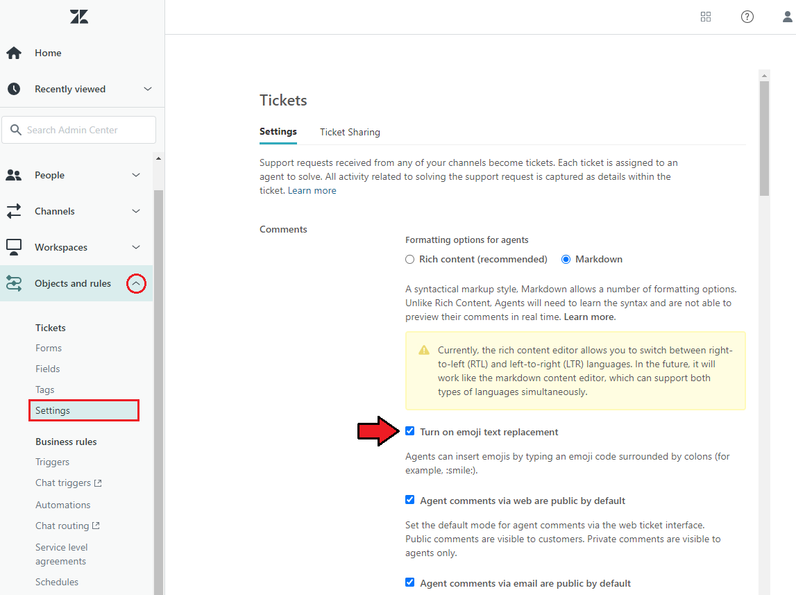 Zendesk For WHMCS: Zendesk Admin Center Tickets settings with the Turn on emoji text replacement option ticked