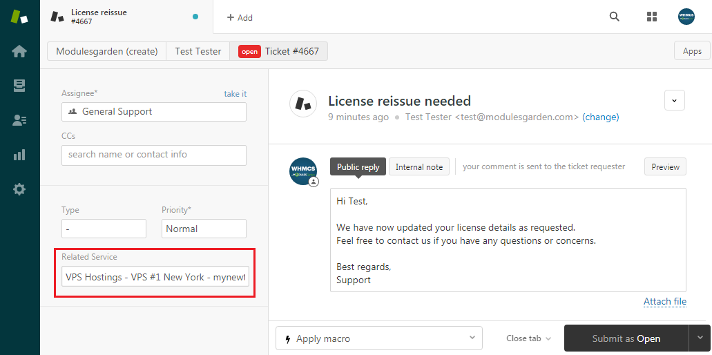Zendesk For WHMCS: Zendesk agent panel ticket view with the Related Service field showing the service chosen by the