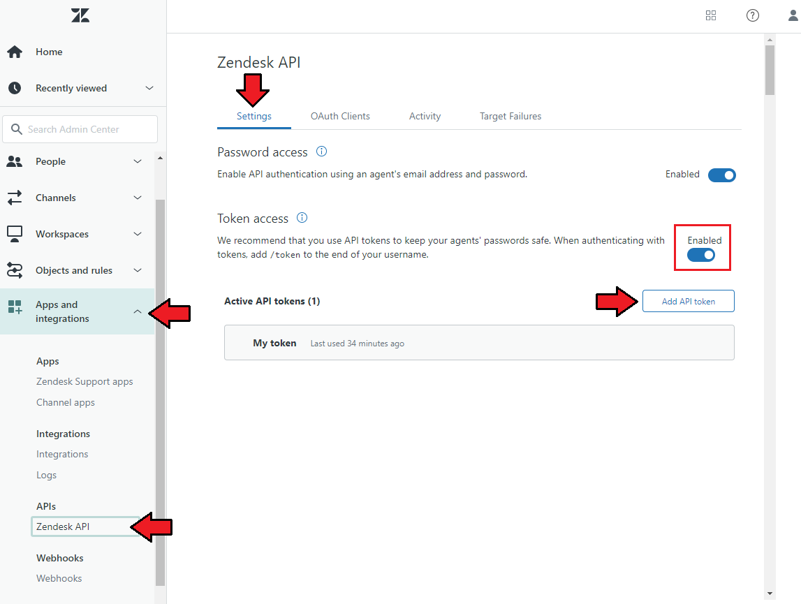 Zendesk For WHMCS: Zendesk Admin Center Zendesk API page with token access enabled and the Add API token button