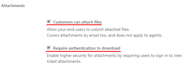 Zendesk For WHMCS: Zendesk attachment settings with Customers can attach files and Require authentication to download