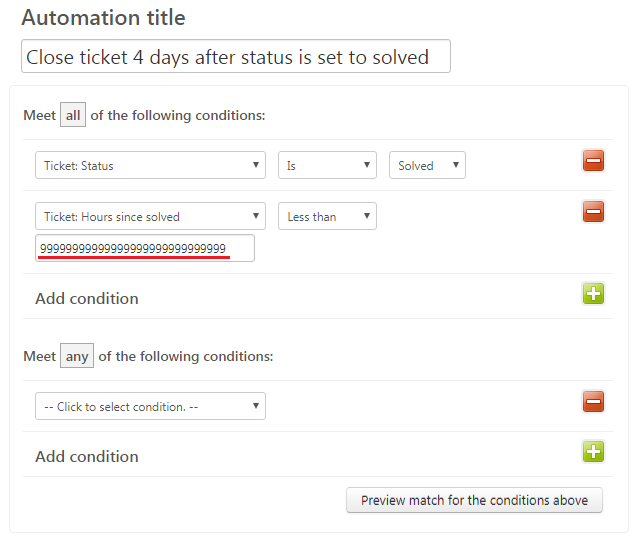 Zendesk For WHMCS: Zendesk automation editor with the Hours since solved condition value marked with a red underline