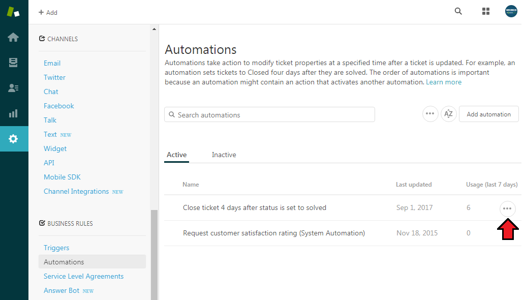 Zendesk For WHMCS: Zendesk Automations list with the options menu of the close ticket automation marked by an arrow