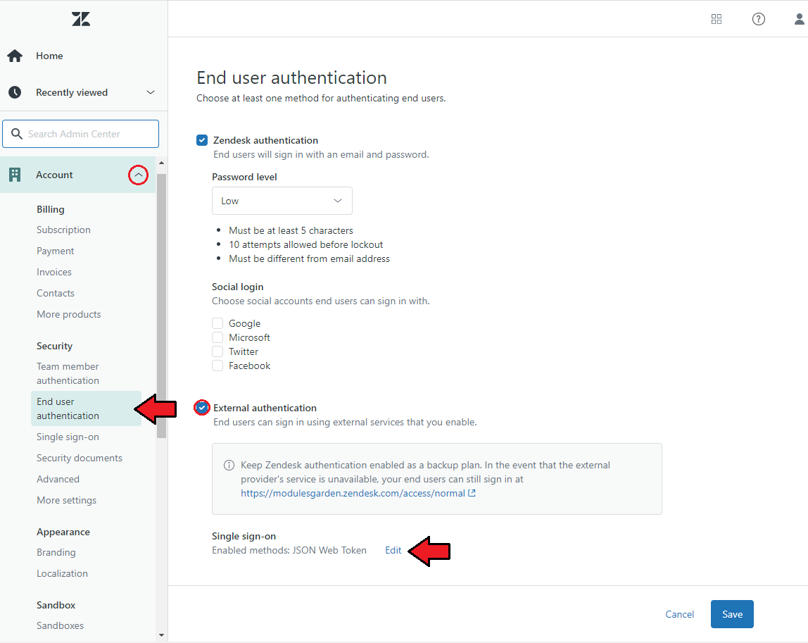 Zendesk For WHMCS: Zendesk Admin Center End user authentication page with external authentication and SSO Edit link