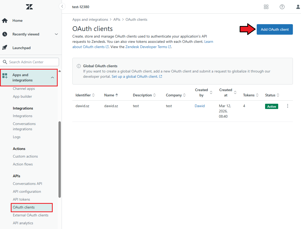 Zendesk For WHMCS: Zendesk Admin Center OAuth clients list with the Add OAuth client button