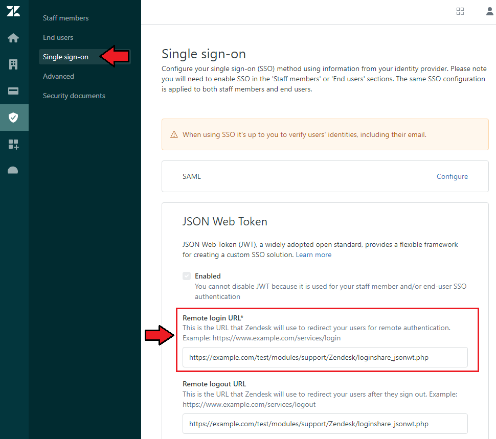 Zendesk For WHMCS: Zendesk Single sign-on settings with the JSON Web Token Remote login URL field marked