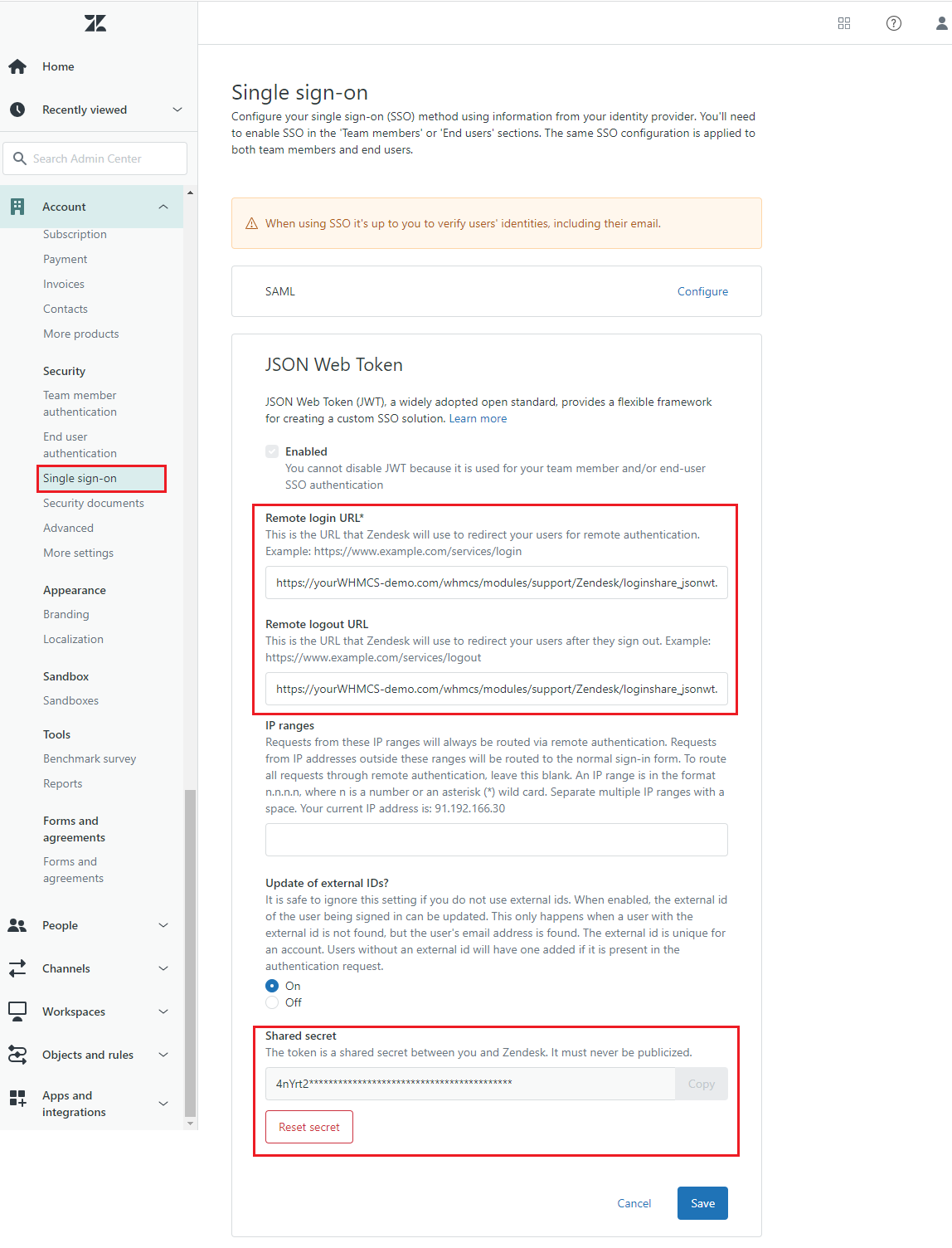 Zendesk For WHMCS: Zendesk Admin Center Single sign-on page with JSON Web Token remote login URL and shared secret
