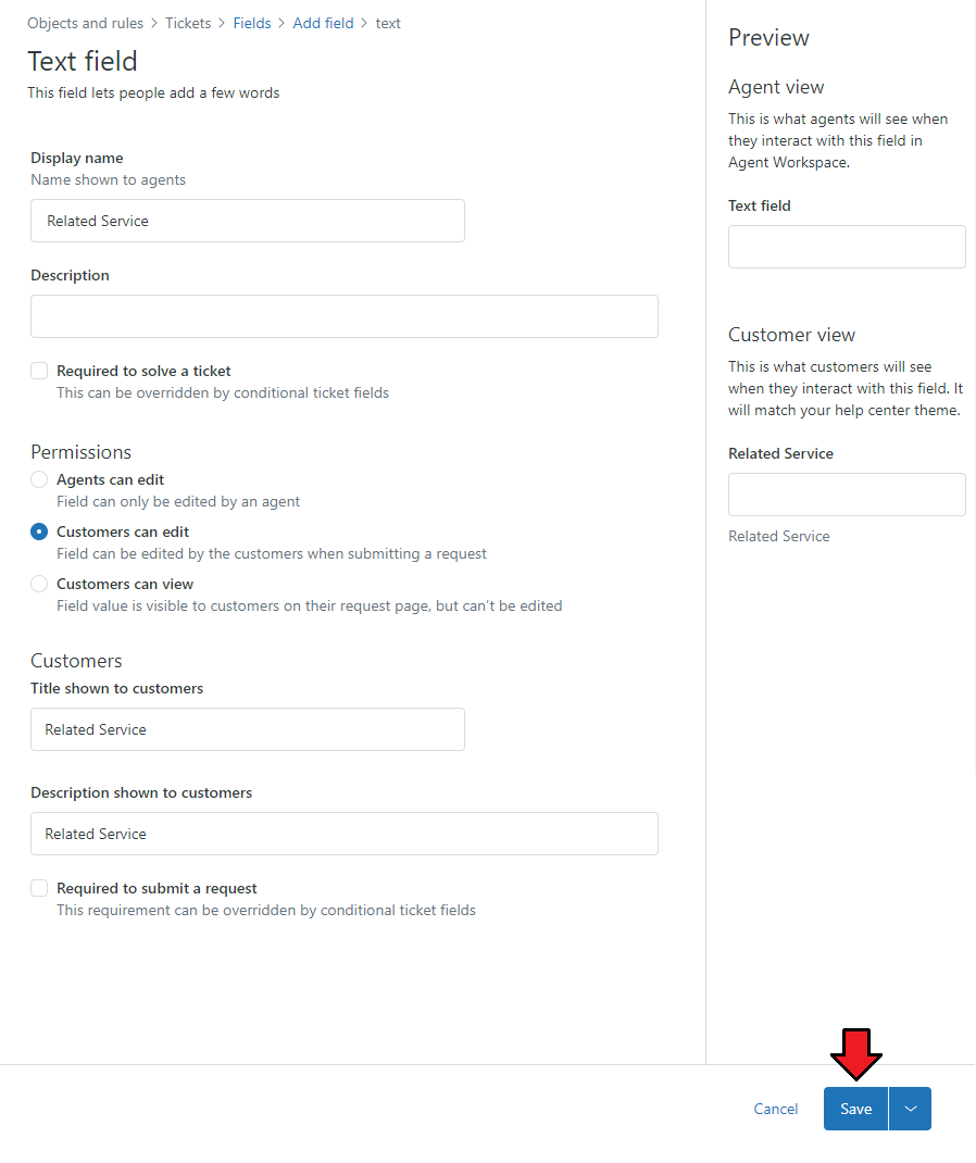 Zendesk For WHMCS: Zendesk Text field form named Related Service with customers can edit permission and Save button