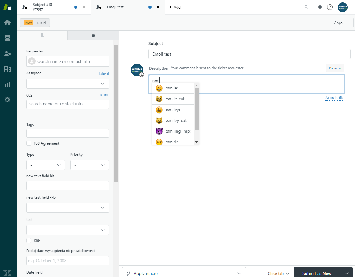 Zendesk For WHMCS: Zendesk new ticket editor with a list of emoji suggestions shown while typing a colon code