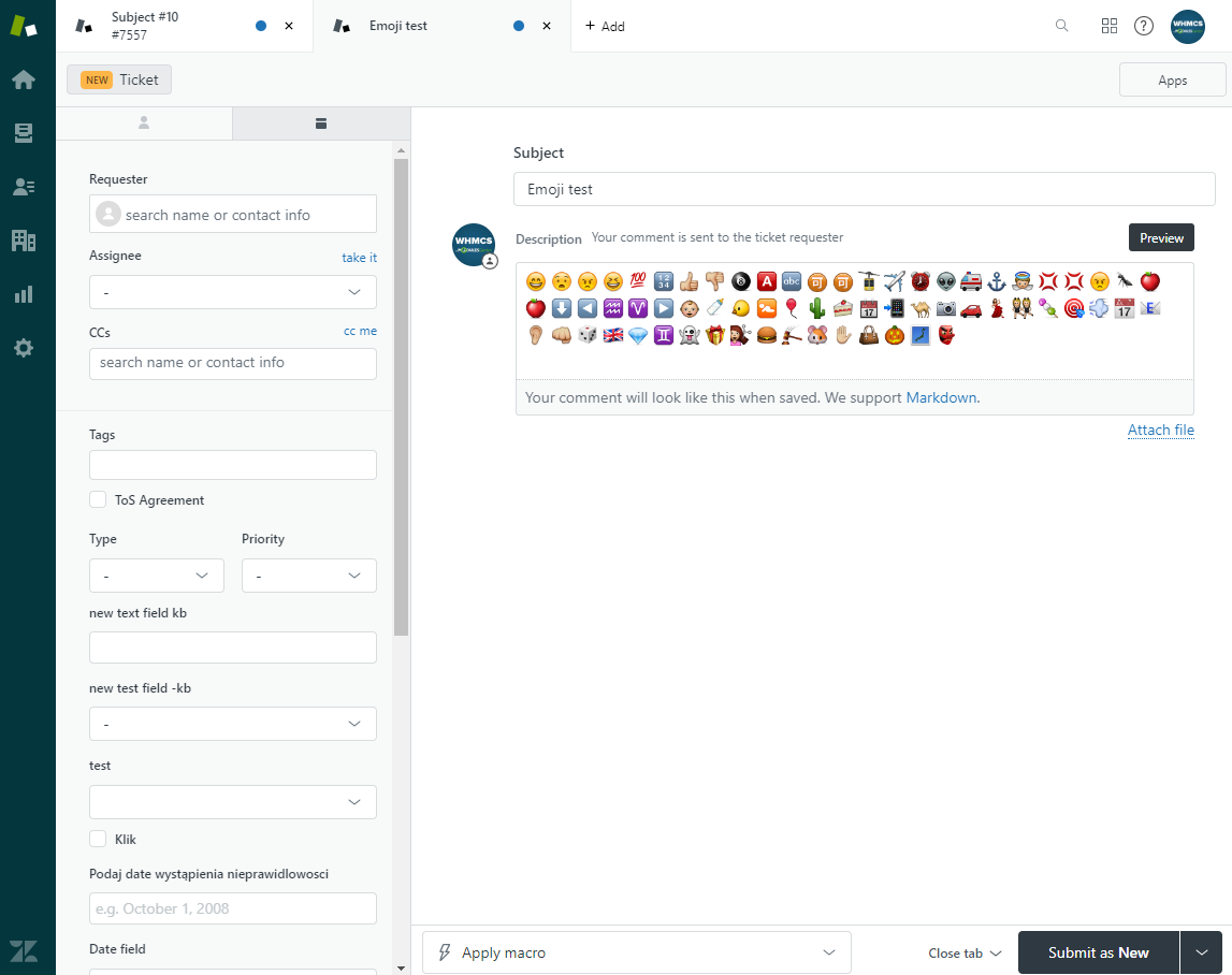 Zendesk For WHMCS: Zendesk new ticket editor with a preview of many emojis in the comment
