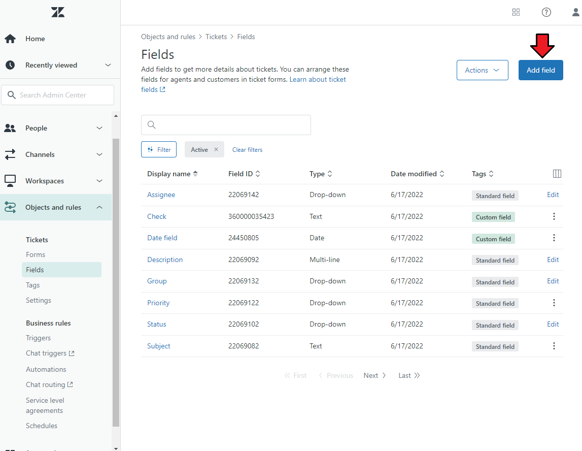 Zendesk For WHMCS: Zendesk Admin Center ticket Fields list with the Add field button highlighted