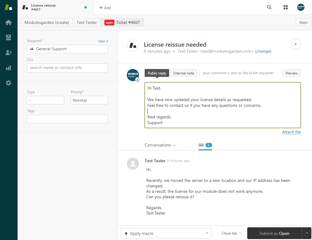 Zendesk For WHMCS: Zendesk agent ticket view with a public reply being typed to the client ticket