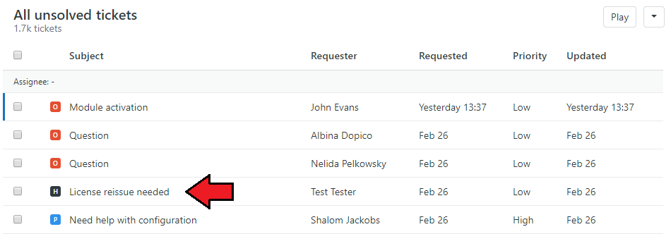 Zendesk For WHMCS: Zendesk agent panel list of unsolved tickets with the ticket created from WHMCS marked by an arrow