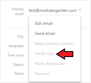Zendesk For WHMCS: Zendesk user profile menu with the Verify now option marked by an arrow next to the primary email