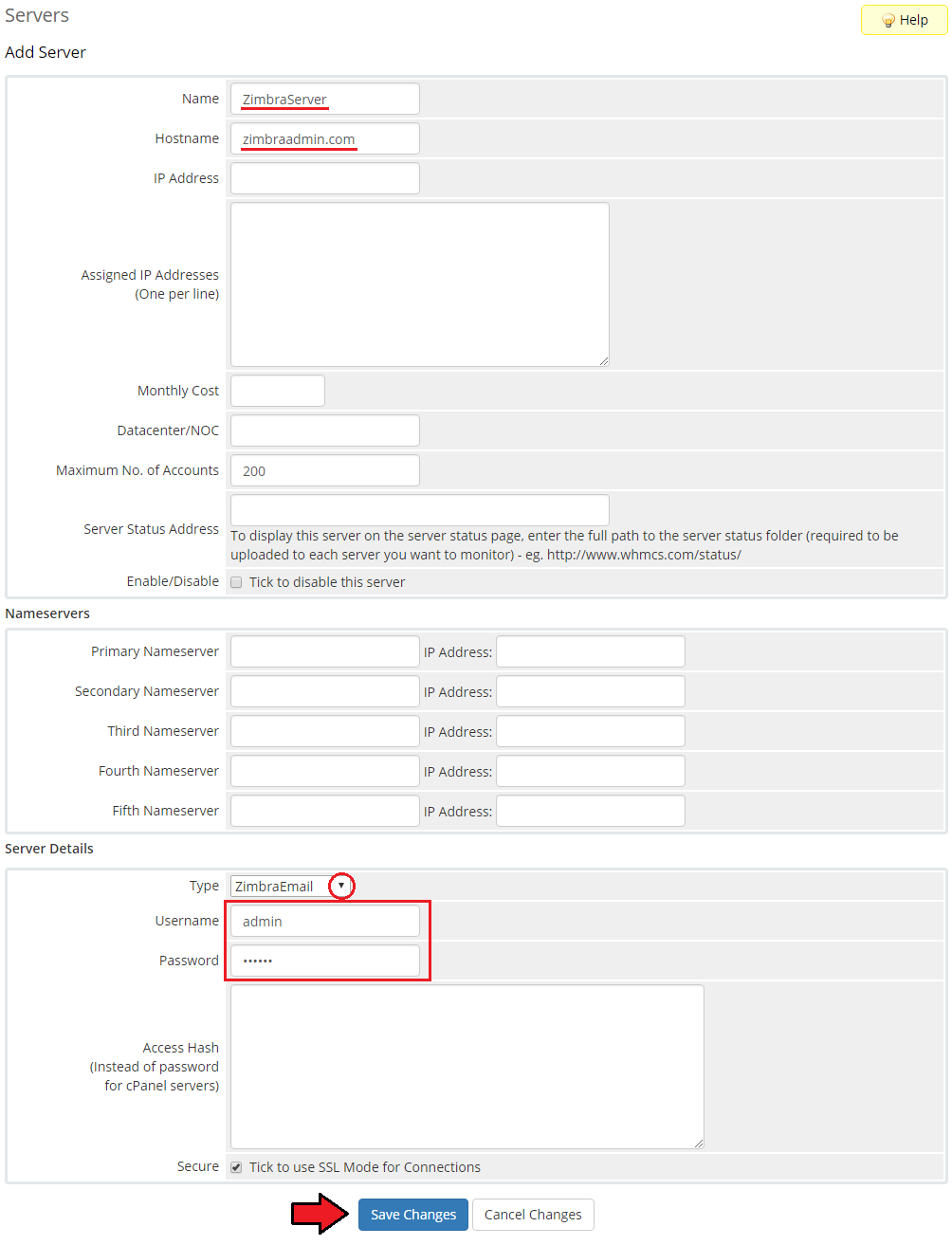 Zimbra Email 1.X For WHMCS: WHMCS Add Server form with name, hostname, ZimbraEmail type, username and password