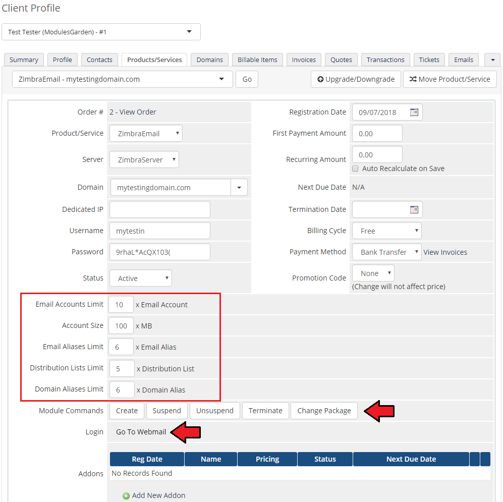 Zimbra Email 1.X For WHMCS: WHMCS admin client service page with resource limits and Zimbra module commands