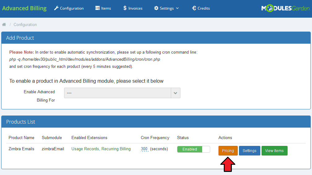 Zimbra Email 1.X For WHMCS: Advanced Billing configuration page with the Pricing button for the Zimbra Emails product