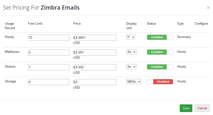 Zimbra Email 1.X For WHMCS: Advanced Billing Set Pricing dialog for Zimbra Emails with usage record prices
