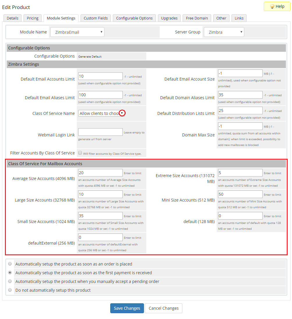 Zimbra Email 1.X For WHMCS: Module Settings with Class Of Service For Mailbox Accounts limits for each quota size