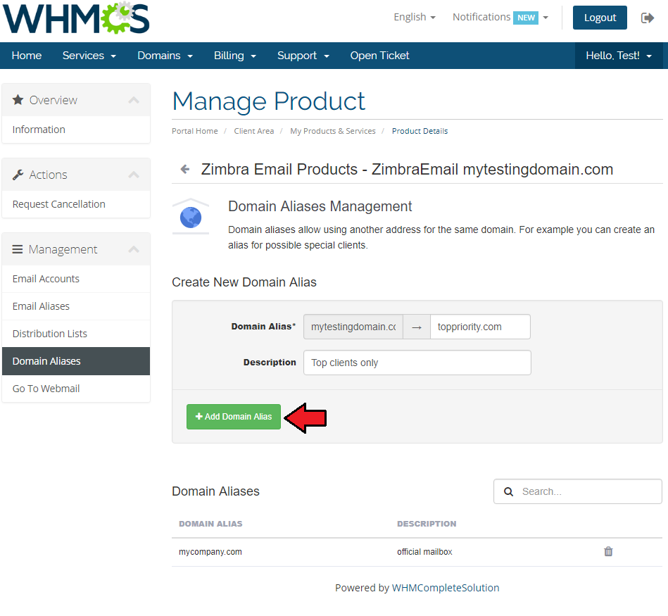 Zimbra Email 1.X For WHMCS: client area Domain Aliases Management with Create New Domain Alias form