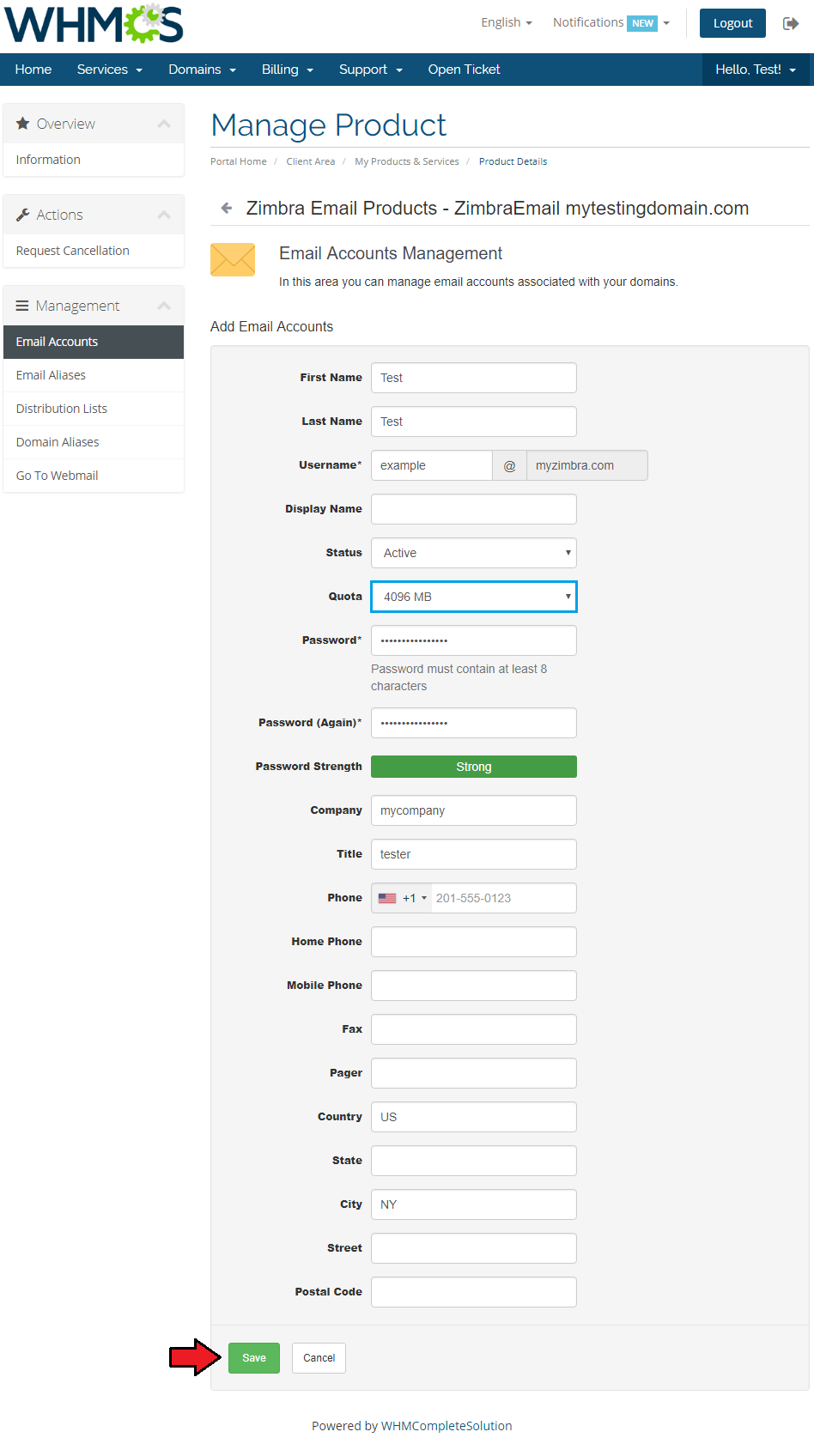 Zimbra Email 1.X For WHMCS: client area Add Email Accounts form with the Quota field and Save button