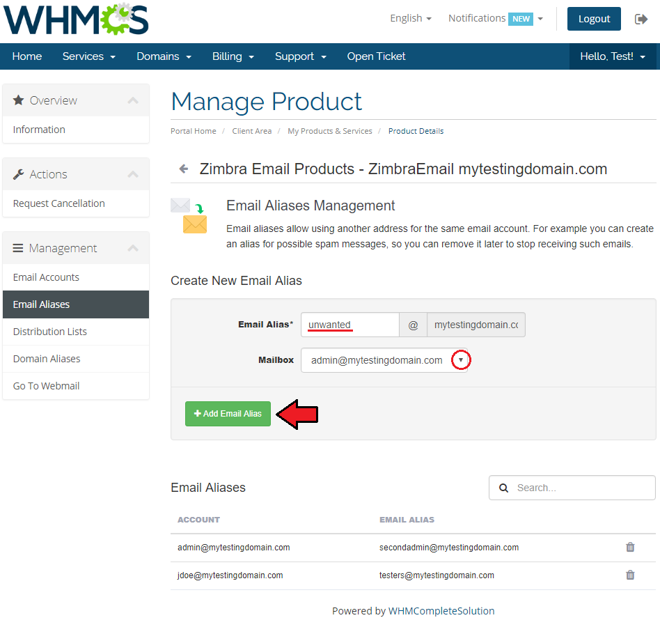 Zimbra Email 1.X For WHMCS: client area Email Aliases Management with Create New Email Alias form