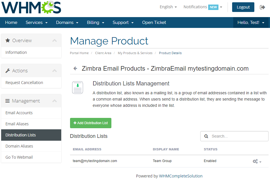 Zimbra Email 1.X For WHMCS: client area Distribution Lists Management with Add Distribution List button