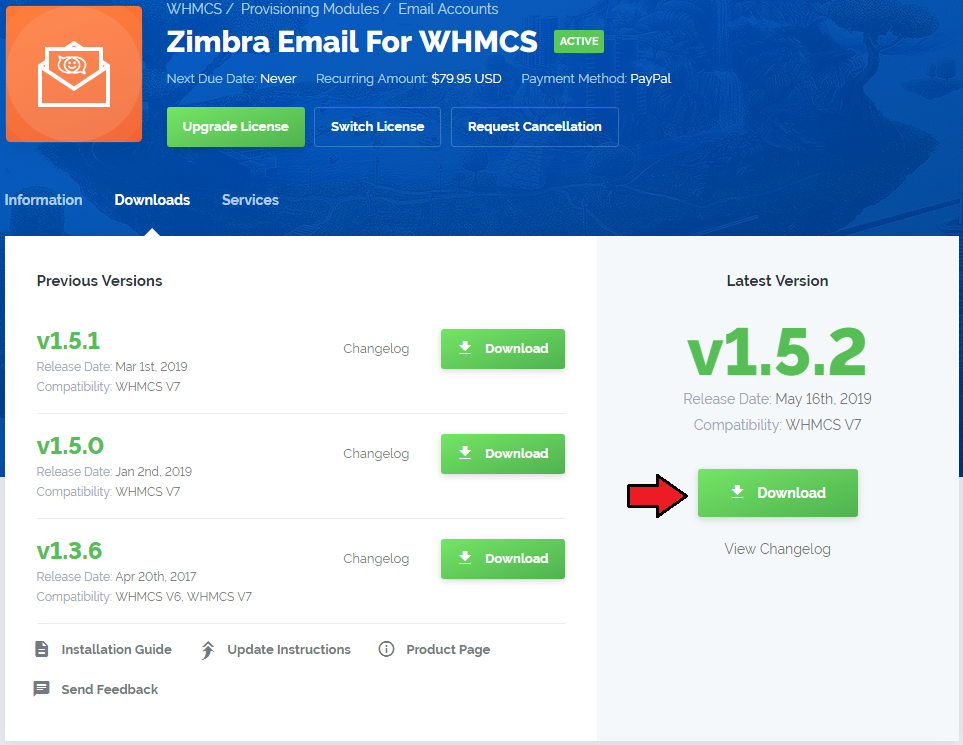 Zimbra Email 1.X For WHMCS: client area product Downloads tab with the Download button for version 1.5.2