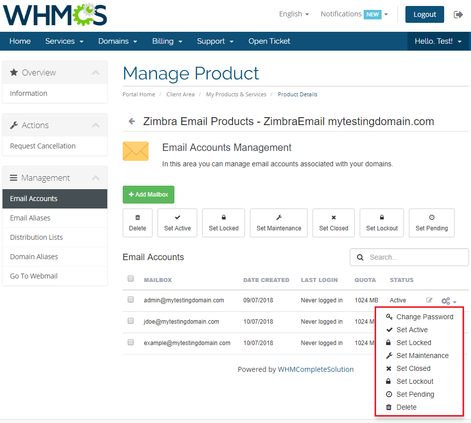 Zimbra Email 1.X For WHMCS: client area Email Accounts list with the per-account actions menu open