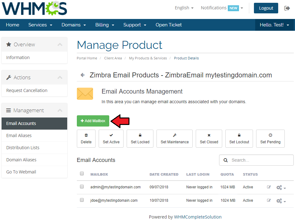 Zimbra Email 1.X For WHMCS: client area Email Accounts Management with Add Mailbox button and mailbox list