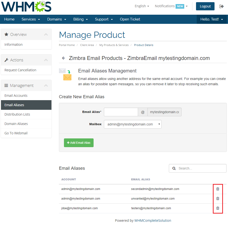 Zimbra Email 1.X For WHMCS: client area Email Aliases list with the delete icons highlighted