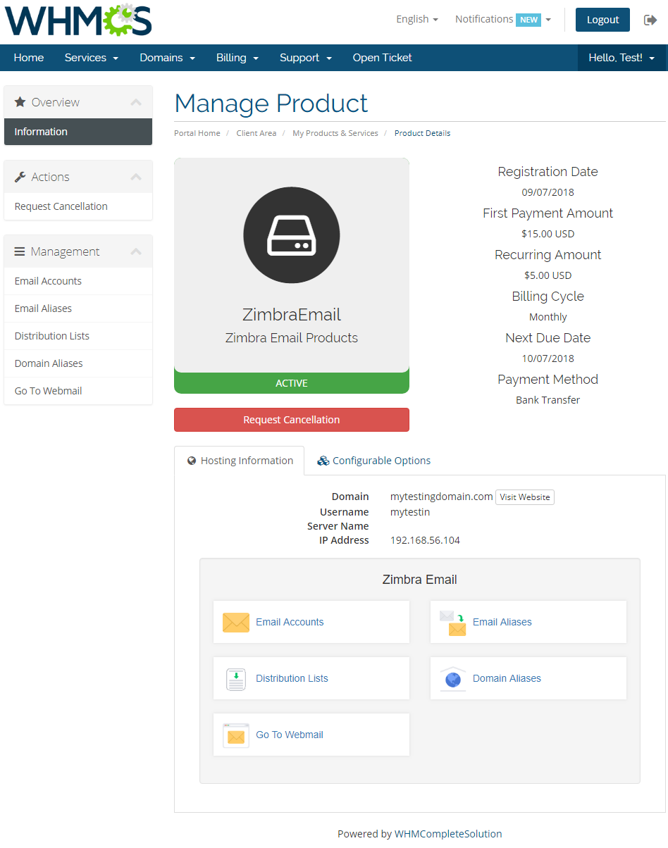 Zimbra Email 1.X For WHMCS: WHMCS client area Manage Product page with Zimbra Email management menu