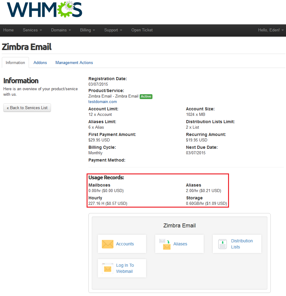 Zimbra Email 1.X For WHMCS: client area Zimbra Email product page showing Usage Records with resource usage and cost