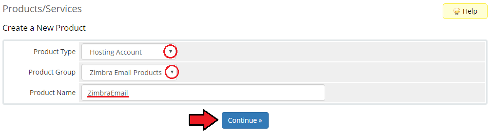 Zimbra Email 1.X For WHMCS: WHMCS Create a New Product form with type, group, name and the Continue button