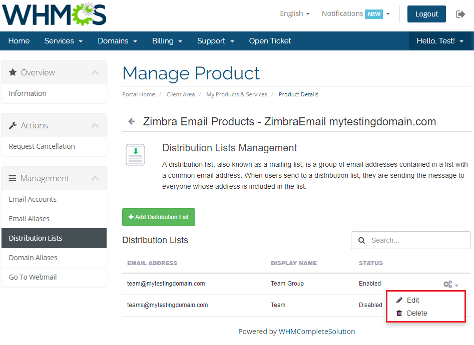 Zimbra Email 1.X For WHMCS: client area Distribution Lists table with the Edit and Delete actions menu open