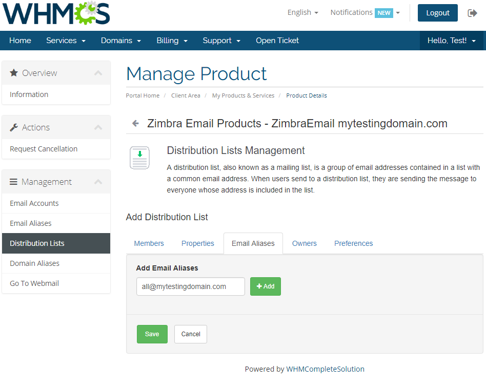 Zimbra Email 1.X For WHMCS: Add Distribution List Email Aliases tab with an alias address field and Add button