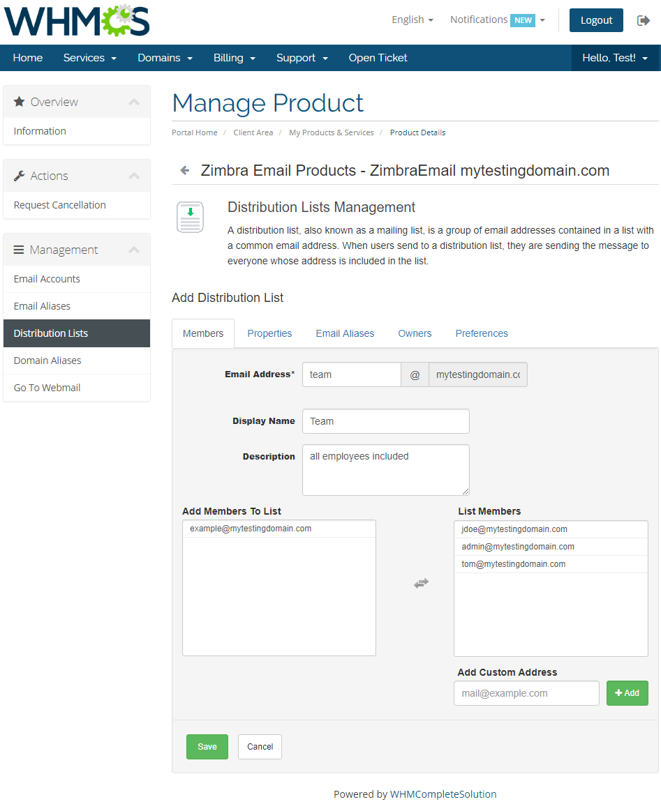 Zimbra Email 1.X For WHMCS: Add Distribution List form on the Members tab with display name and member lists