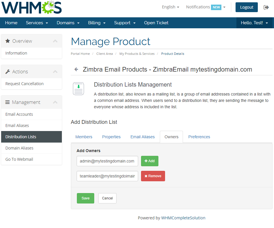 Zimbra Email 1.X For WHMCS: Add Distribution List Owners tab with owner address fields and Add and Remove buttons
