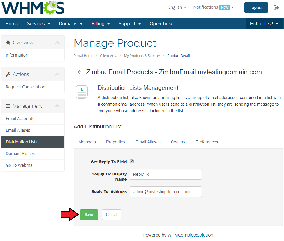 Zimbra Email 1.X For WHMCS: Add Distribution List Preferences tab with Reply To settings and the Save button