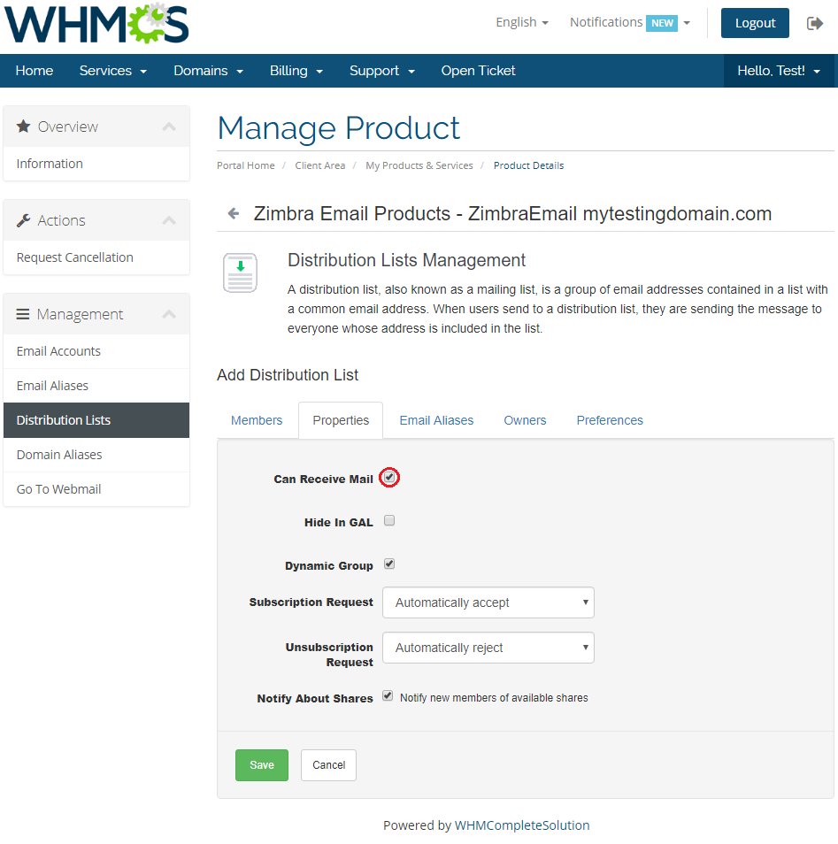 Zimbra Email 1.X For WHMCS: Add Distribution List Properties tab with the Can Receive Mail option checked
