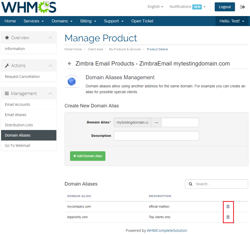 Zimbra Email 1.X For WHMCS: client area Domain Aliases list with the delete icons highlighted